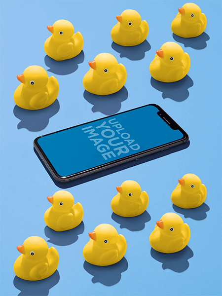 Iphone X Mockup Lying Near Rubber Ducks A19185