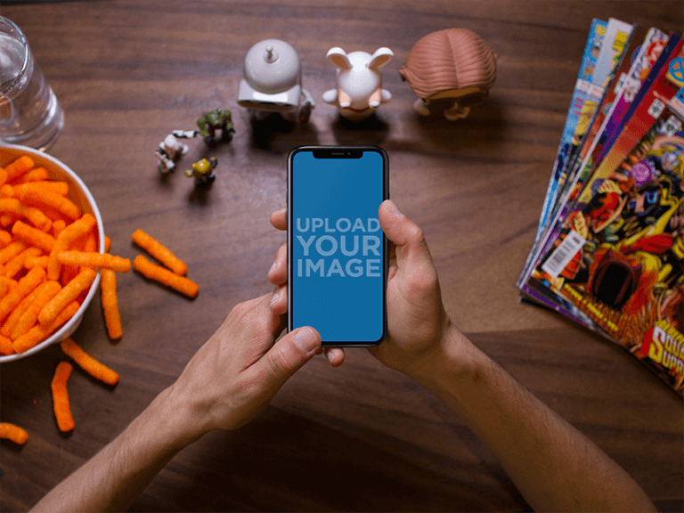 Man Gaming With Iphone X Mockup While On His Table A17779 (1)