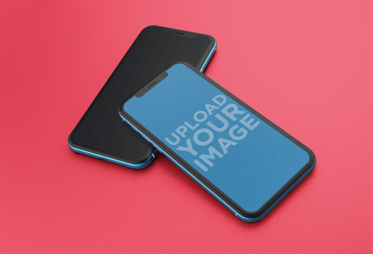 Mockup Of A Blue Iphone Xr On Top Of Another Iphone Over A Solid Surface 23128